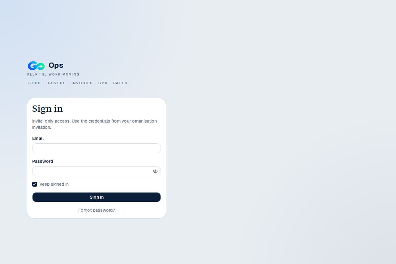 GoOps login and role hub on desktop