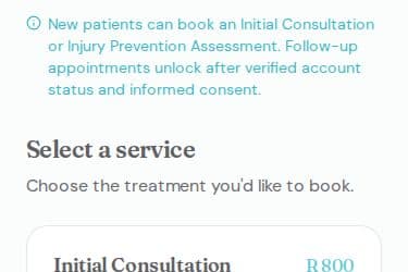 Fouza Physiotherapy public booking calendar on mobile