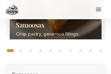 The Savoury Lab catalogue carousel with prices and WhatsApp order on mobile